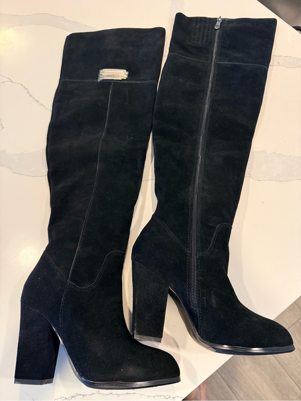 Women's Black Suede Over-the-Knee Block Heel Boots with tiny rhinestones